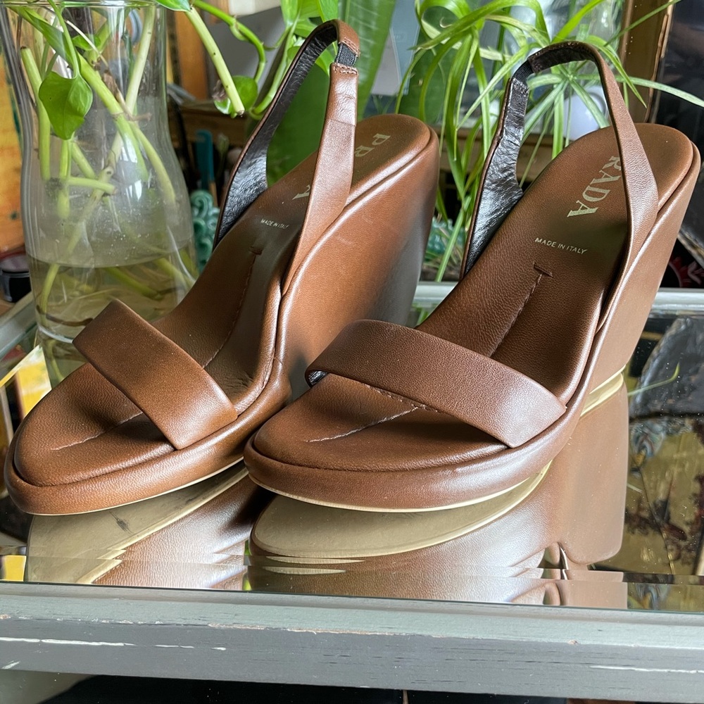 Prada
Brown Leather Slingback Wedge 
Sandals 
38.5 - Picture 10 of 16